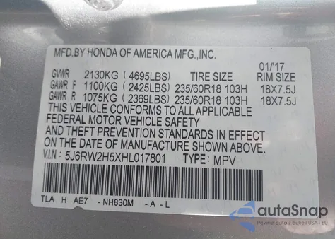 2017 Honda Cr-V Ex z USA, uszkodzony, nr VIN 5J6RW2H5XHL017801